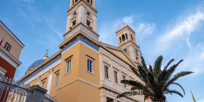 Syros island, Agios Nikolaos Greek Orthodox Church at Ermoupolis, capital of Cyclades Greece. Syra landmark, traditional neoclassical Christianity building religious destination